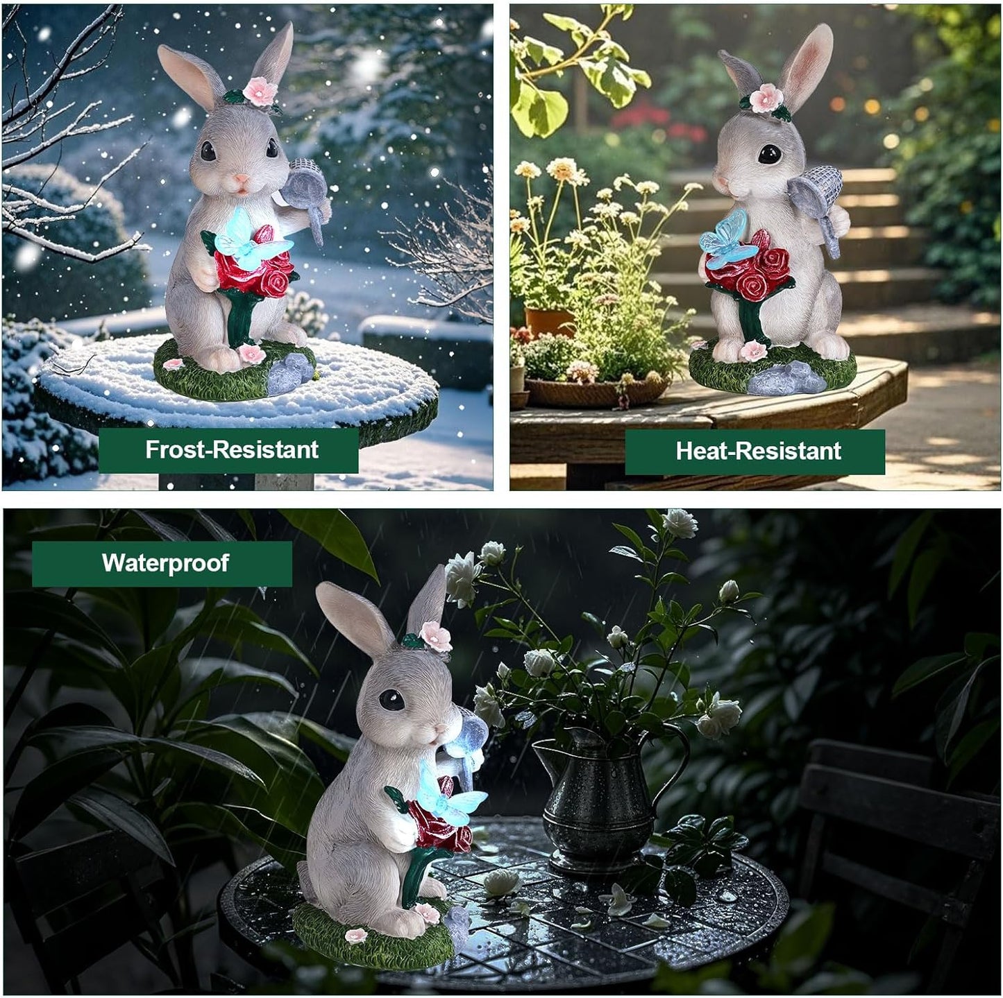 Garden Statues Rabbit with Solar Light,Bunny Outdoor Garden Decor Ornaments for Patio Yard Art,Birthday Easter House Warming Garden Gift for Women Mom,Resin Animal Figurine with Wider Base