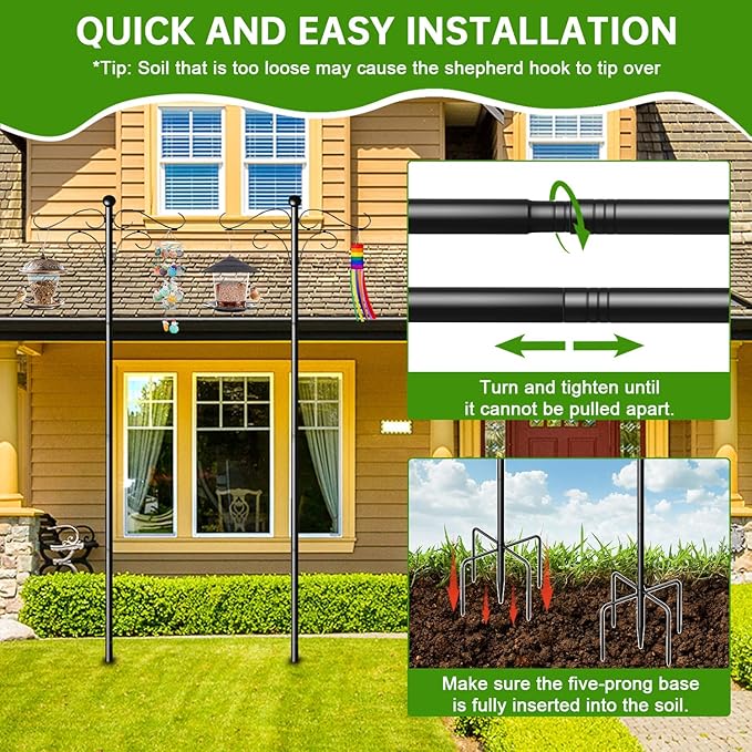 Shepherds Hooks for Outdoor, 2 Pack 108 Inch Heavy Duty Bird Feeder Pole with 5 Prongs Base, Adjustable Shepherds Hook for Hanging Birdhouses, Lanterns, Plant Baskets, Wind Chimes