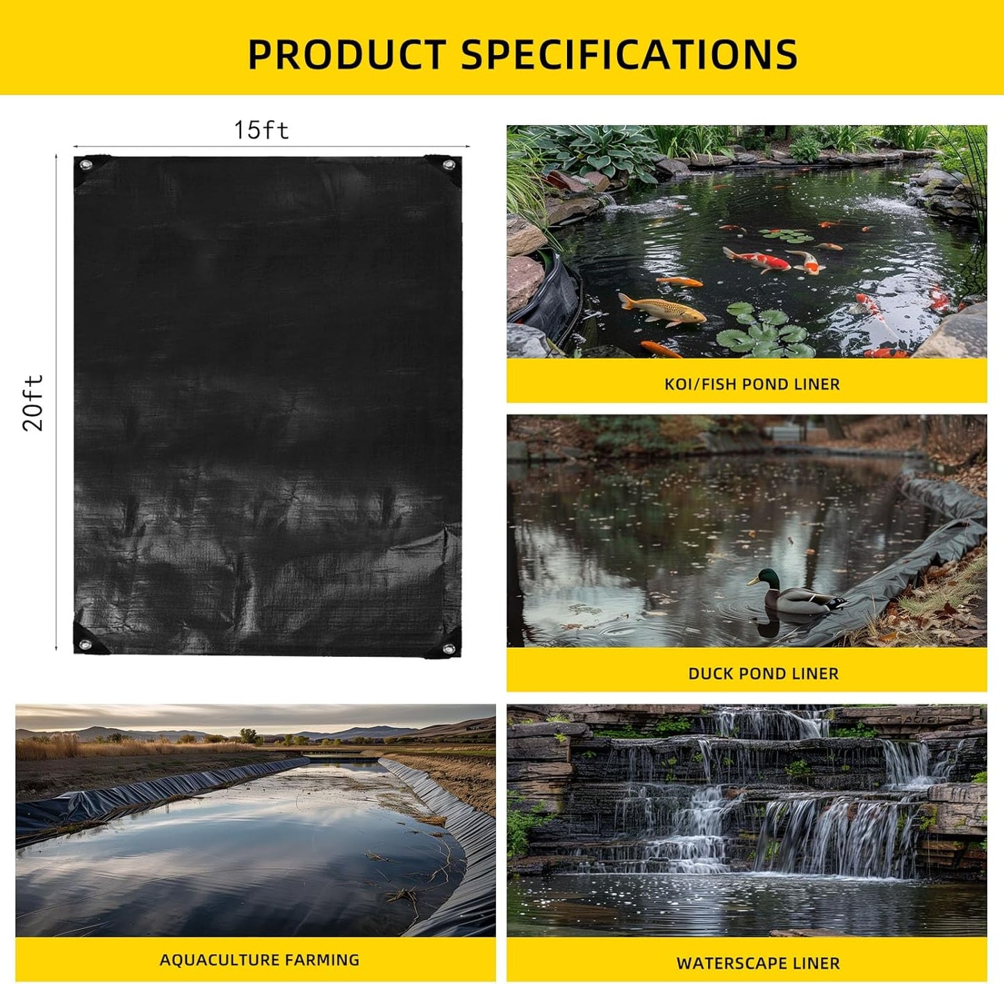 TEZONG Pond Liner,15x20Ft Pond Liners for Outdoor,28Mil PE Black Koi Fish Pond Liner,Reinforced Pond Underlayment for Water Garden,Waterfall,Fountain