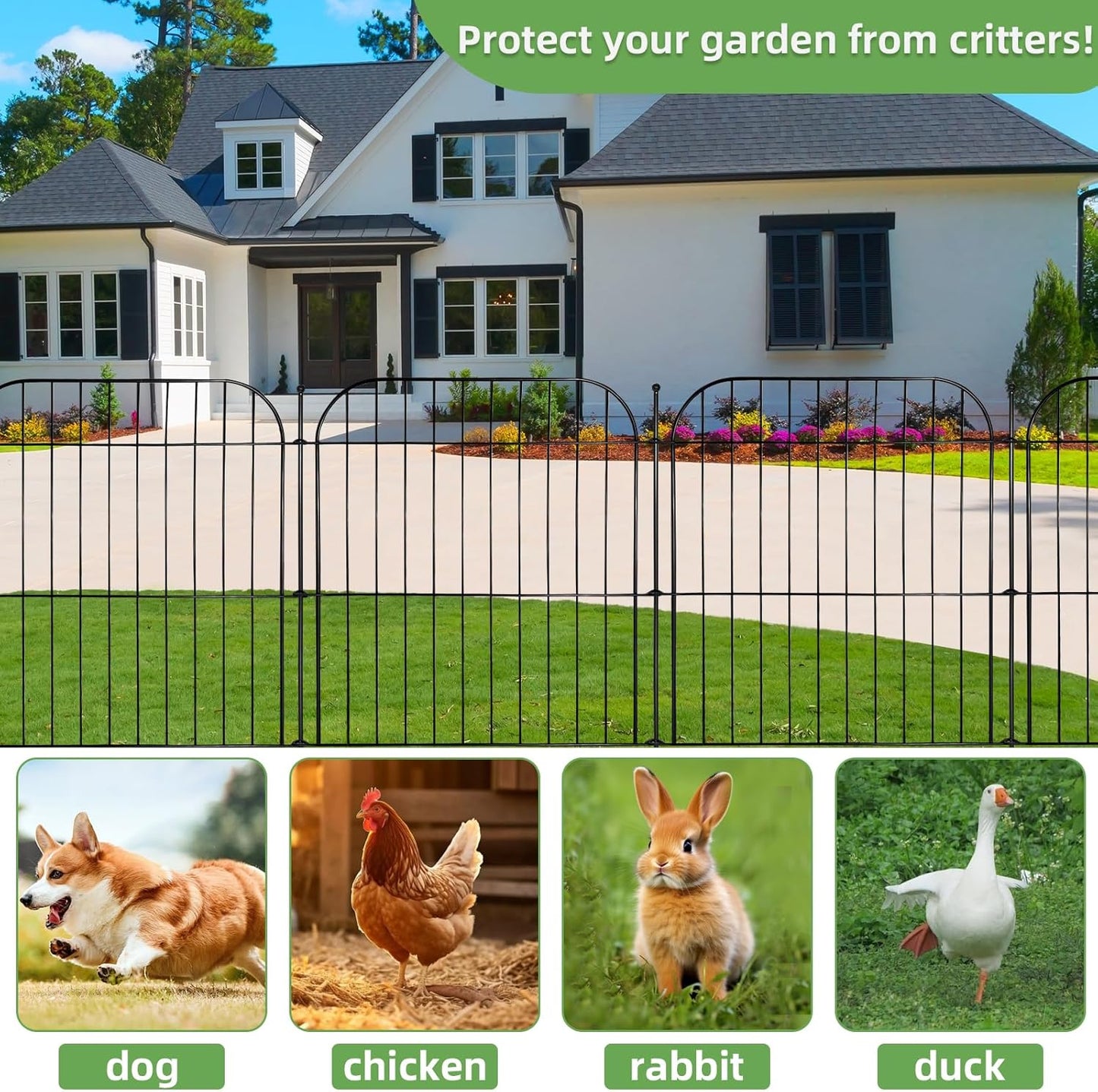 10 Panels No Dig Decorative Garden Fence, 24 in(H) x 20 ft(L) Rustproof Metal Wire Fencing Border, Dog Fence Outdoor for Yard, Temporary Tall Animal Barrier for Rabbits and Small Pets