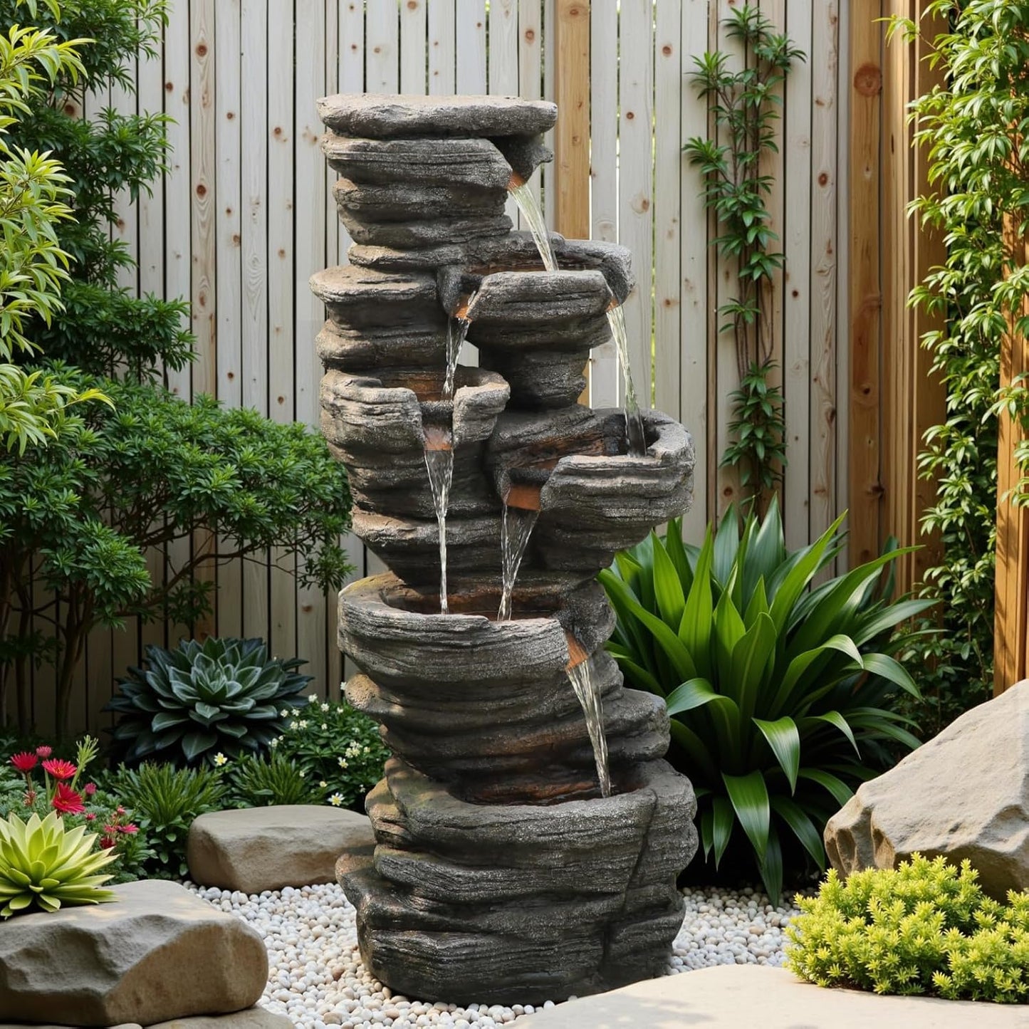 42.5" H Garden Outdoor Water Fountain with LED Lights & Pump, Mutiply-Tier Cascading Outdoor Fountain Suitable for Garden/Patio/Yard/Deck/Balcony and Home Art Decor(Resin)