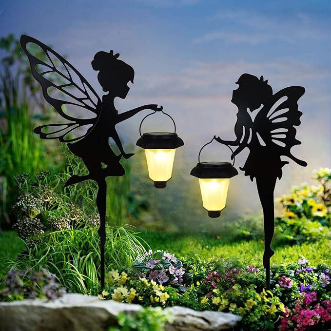 Solar Fairy Garden Stake Decorative Lantern, 2 Pack Metal Fairy Angel Garden Silhouette Lights for Lawn, Pathway, Patio, Yard Outdoor Decor