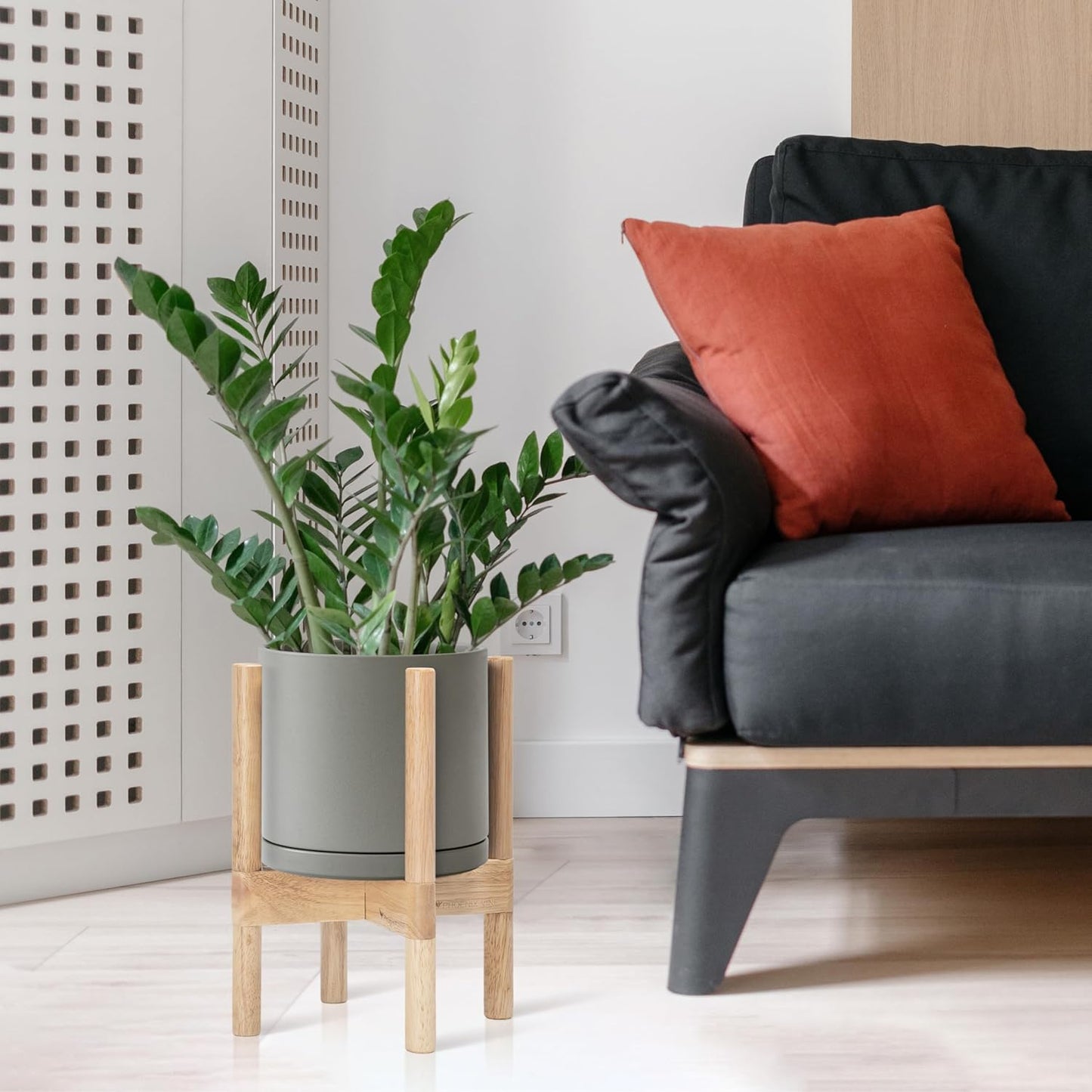 D'vine Dev Ceramic Planter with Natural Stand - 8 Inch Modern Round Flower Pot with Wood Planter Holder, Grey, 55-B-N-3