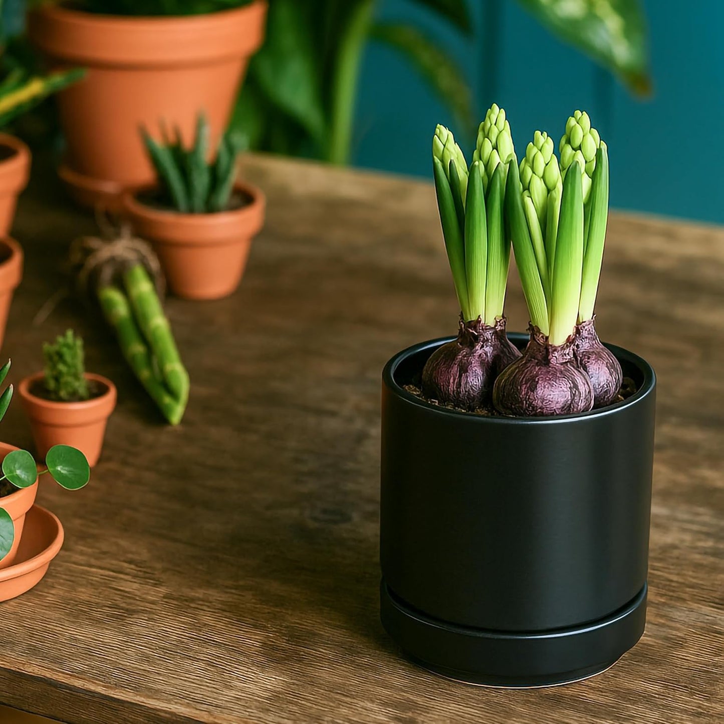 D'vine Dev Set of 2 Plants Pot, 4.7 Inch Ceramic Planter Pot for Plants with Drainage Hole and Saucer, Black, 94-V-B-2