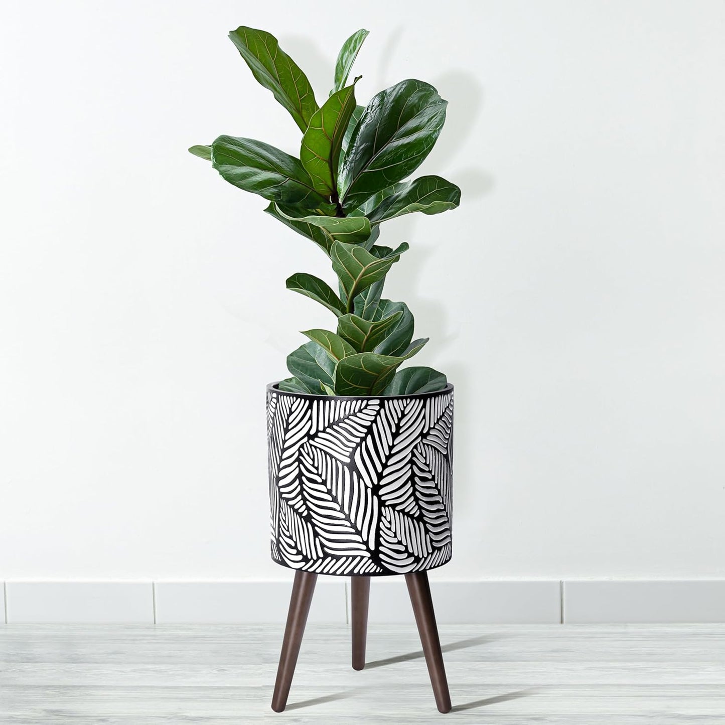 D'vine Dev 12 Inch Planter Pot with Stand, Mid-Century Tall Plant Pot with Legs for Indoor Plants, Large, White/Grey, 88-L-C-7