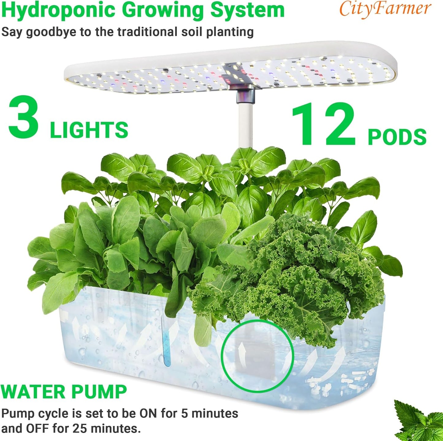 Indoor Hydroponics Growing System: Indoor Fresh Vegetable, Herb Garden Kit with LED Grow Light Quiet Smart Water Pump Automatic Timer - Planter for Home Kitchen Office (White, 12 pod)