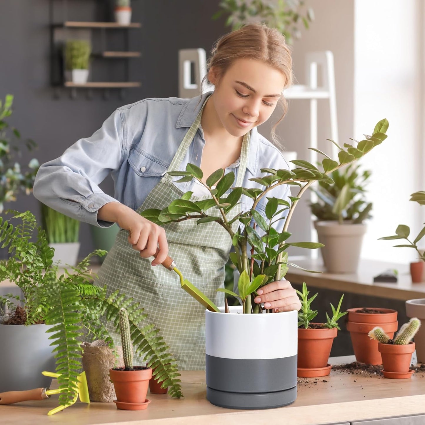 D'vine Dev Set of 2 Plants Pots, 8.2 Inch Ceramic Planter Pot for Plants with Drainage Hole and Saucer, White/Speckled Grey, 94-V-D-6