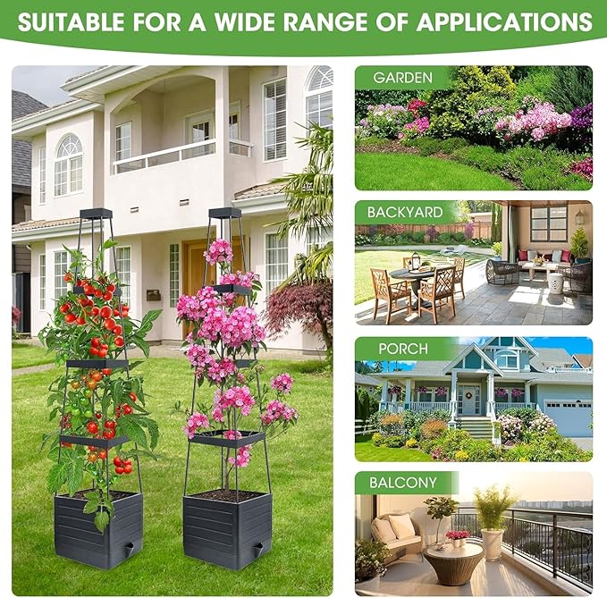 Raised Garden Bed Planter Box with Trellis, 58” Tomato Cage Planter Raised Garden Bed with Trellis for Climbing Vegetables Plants Tomato Cage w/Self-Watering, Indoor Outdoor Use (4)