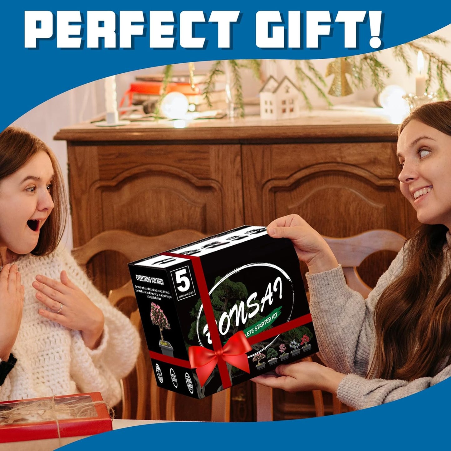 Bonsai Starter Kit, 5 Seeds Growing into Acacia, Wisteria, Sakura, Red Maple and Black Pine, Including Complete Gardening Tools with A Gift Box, Christmas Gifts for Men Women Beginners