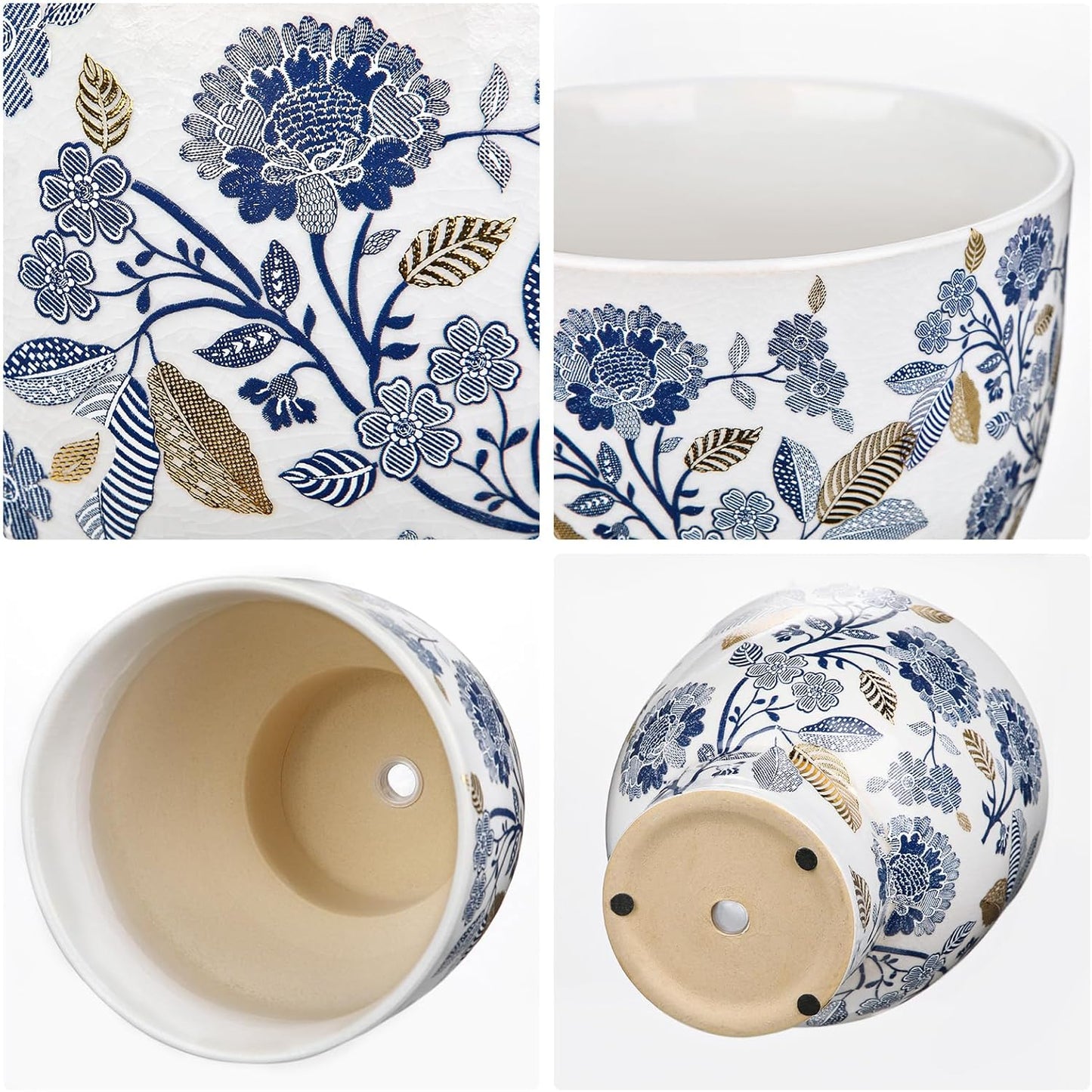 7.6/5.5 Inch Decorative Flower Pots, Blue and White Plant Pot Gold Accent Ceramic Planters for Indoor Plants Pots with Drainage Retro Planter Pot for Succulents Cactus Herb Snake Plants Outdoor Garden