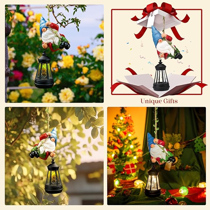 Solar Hanging Gnome Garden Statue Climbing Rope Gnome with LED Lantern Outdoor Decor Tree Hugger Yard Porch Wall Decoration Christmas Gardening Gift for Mom