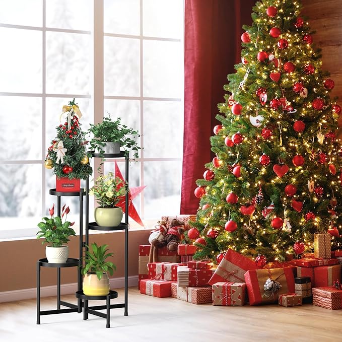 MOKANI Metal Plant Stand Indoor Outdoor for Multiple Plants, 5 Tiered Folding Corner Shelf Tall Flower Pot Holder Display Rack for Patio Living Room Balcony Garden, Black