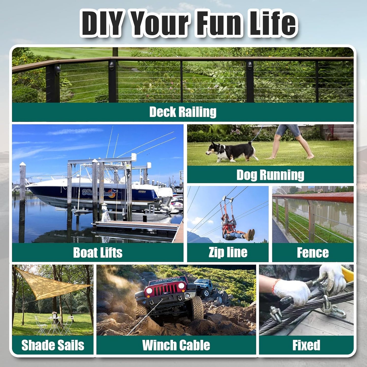 1/4" Stainless Steel Cable, 25FT Wire Rope with Clamps and Thimble, 7X19 Strands Aircraft Cable for Zipline, Outdoor, Deck Railing, Heavy Duty Applications, Hanging, 6400lbs Breaking Strength