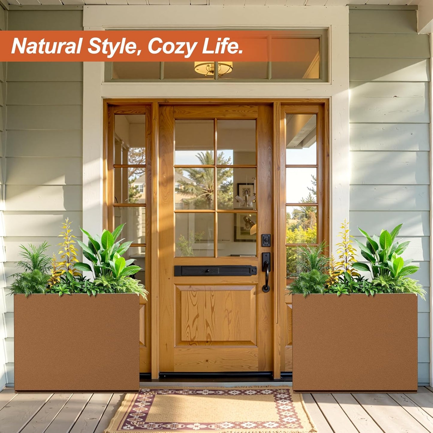 Metal Rectangular Planter for Outdoor Plants, Coated Large Planter Box with Drainage, Outdoor Patio PLanters with Sturdy Thickened Divider for Yard, Garden