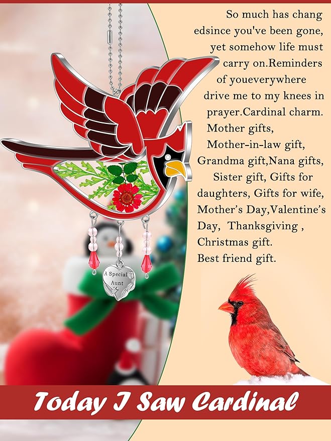 KY&BOSAM Cardinal Suncatcher A Special Aunt Had-Painted with Pressed Real Flower Wings Mother's Day Glass Hanging for Window Ornament with Metal Heart Charm Birthday Gift for Women Unique
