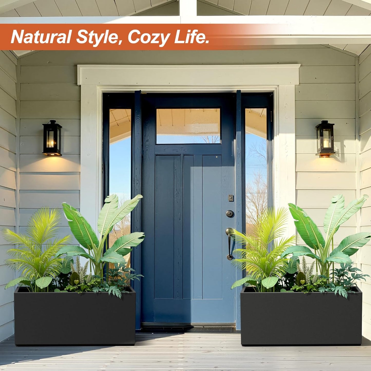 Metal Rectangular Planter for Outdoor Plants, Coated Large Planter Box with Drainage, Outdoor Patio PLanters with Sturdy Thickened Material for Yard, Garden