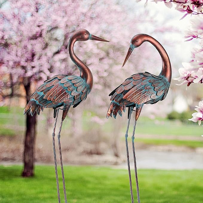 chisheen Crane Garden Statues Outdoor Yard Decorations Metal Heron Yard Art Bird Sculpture Decor for Outside Lawn Patio Large Size, for Women Mom,Set of 2