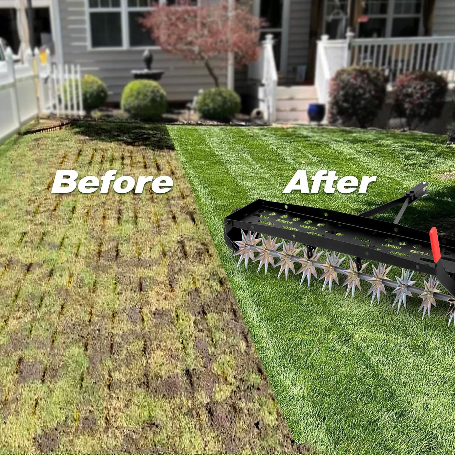 Suchtale 40-Inch Tow Behind Spike Aerator with Galvanized Steel Tines, Durable Lawn Aerator Soil Penetrator Spikes Tractor with Extra-Wide Tow Bar for Lawn and Farm, Black