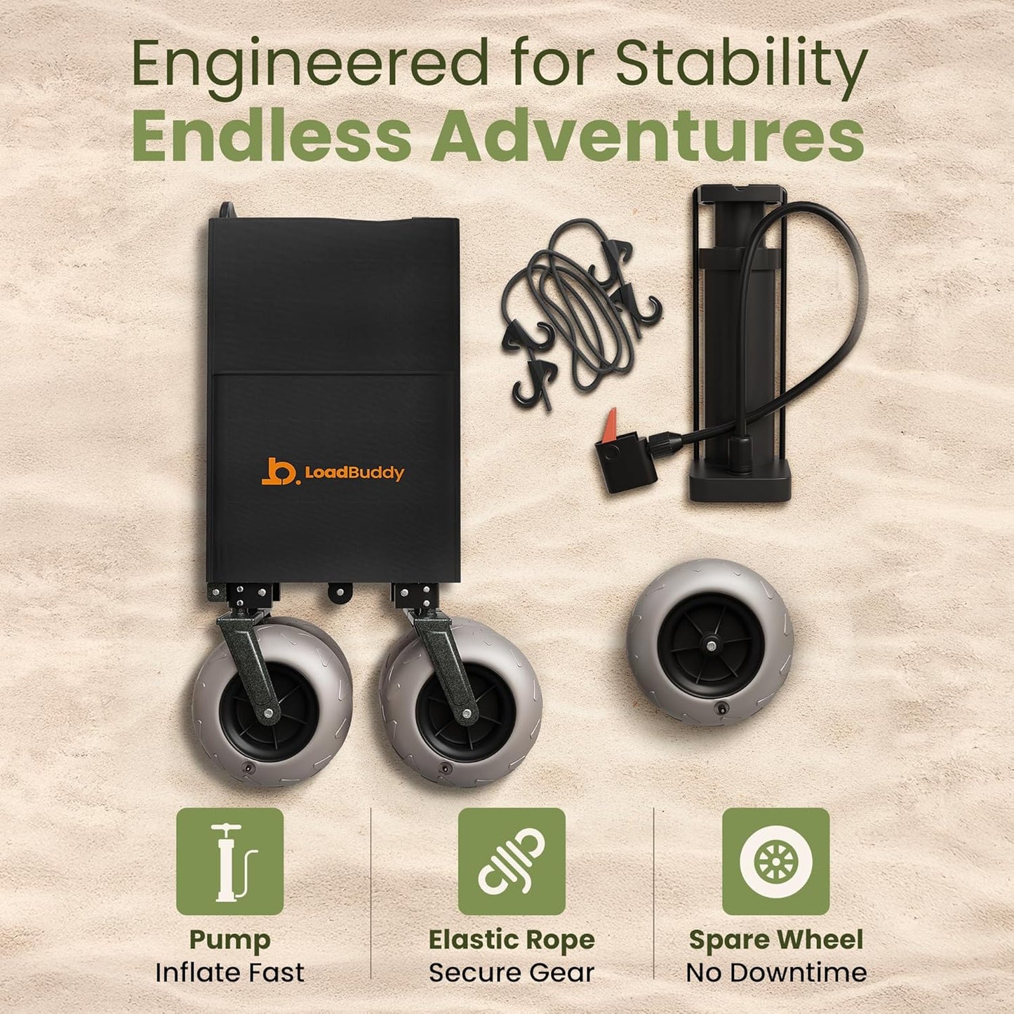 Beach Wagon with 9" Balloon Wheels & Fishing Rod Holders – Foldable Cart for Sand with Inflatable Tires, Bonus Pump & Spare – Heavy Duty Utility Wagon - Black/Black