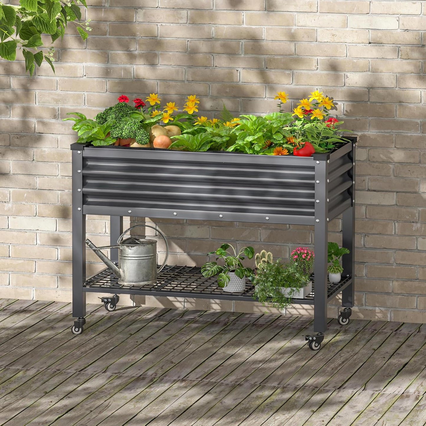 MUPATER Galvanized Steel Raised Garden Bed, 47.8" L x 23.5" W x 33.5" H Large Metal Elevated Raised Planter Box with Rolling Casters & Extra Bottom Shelf for Backyard, Patio, Balcony, Gray