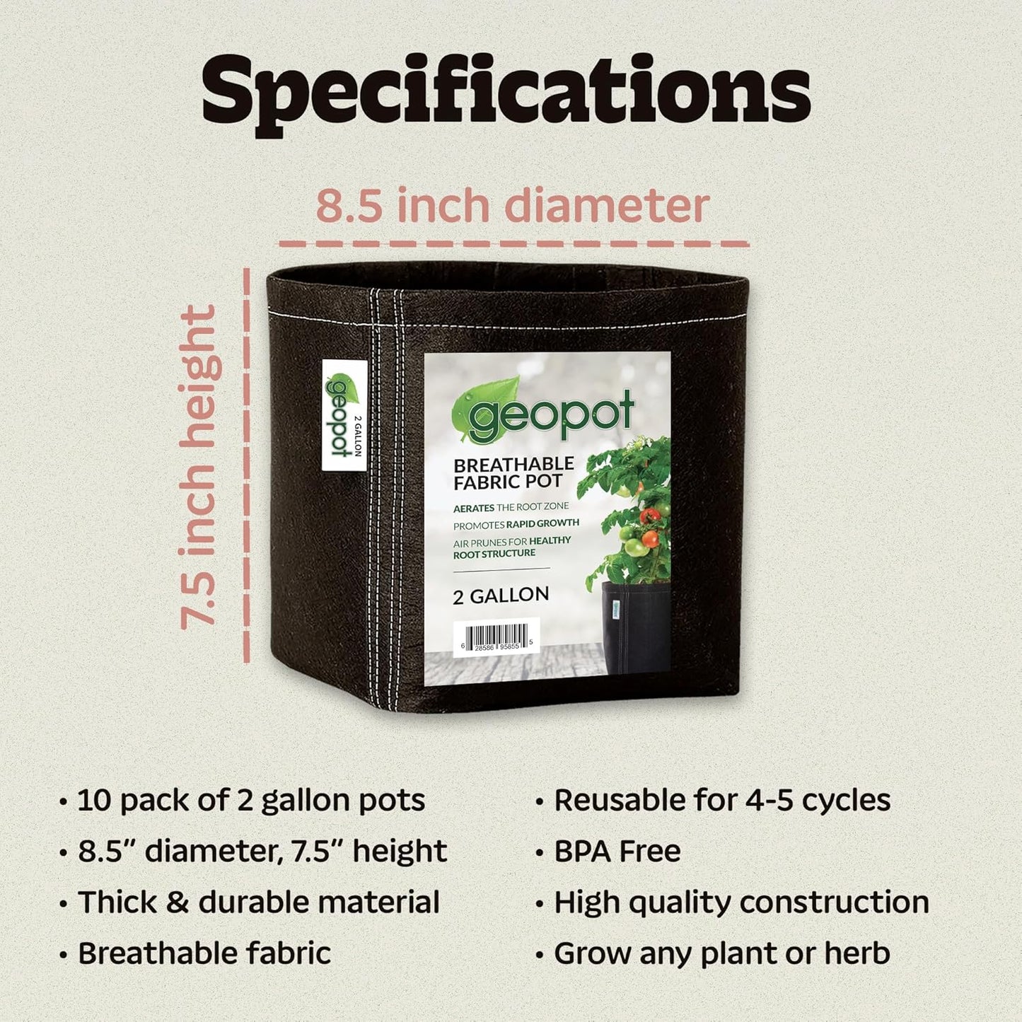 2 Gallon Fabric Grow Bags Vegetables, Houseplants, Herbs & Flowers | 10-Pack | Fabric Pots for Outdoors and Indoors, Aerated Fabric Grow Bags