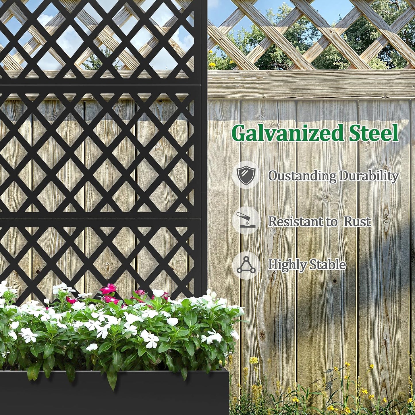 Metal Raised Garden Bed with Trellis and Wheels, 2 in 1 Trellis with Planter Box & Privacy Screen for Climbing Plants, Outdoor Standing Flower Beds with Drainage Holes, 35.4"L x 15.7"W x 70.9"H, Black