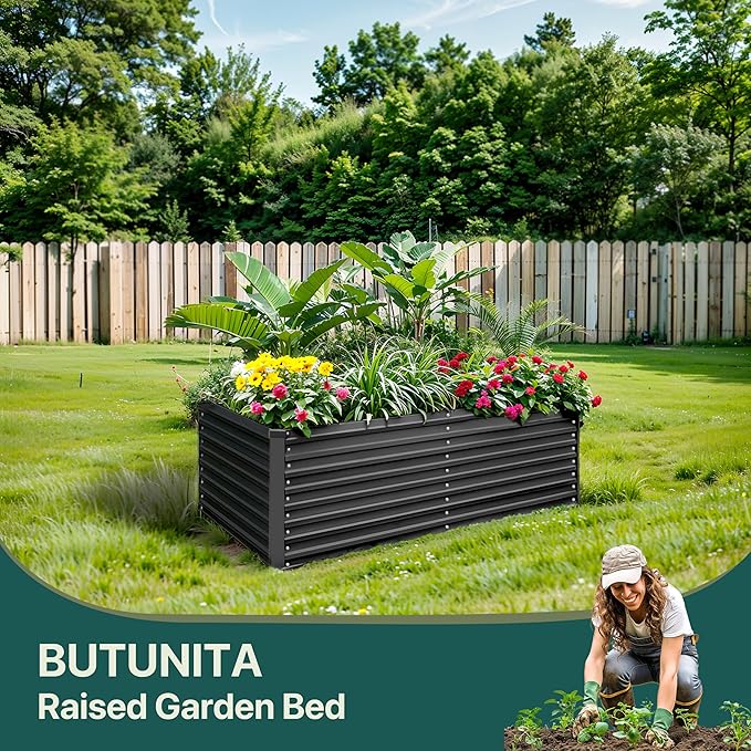 Raised Garden Bed 6x3x2ft, Galvanized Raised Garden Beds Outdoor for Vegetables Flowers Herbs, Steel Large Deep Planter Box, Tall Raised Garden Bed with 3ftx30ft Weed Barrier Fabric and Glove, Black