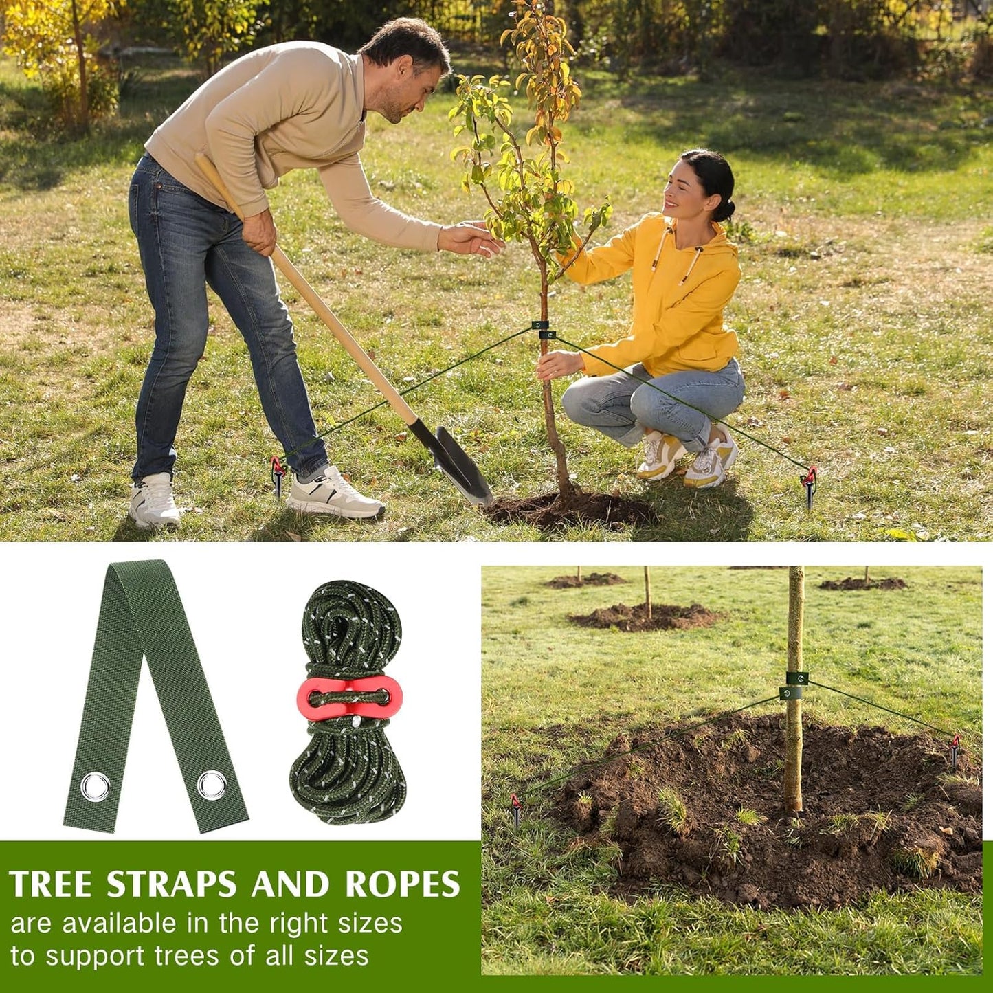 Sintuff 9 Set Heavy Duty Tree Stake Kit 15.75 Inches/ 40 cm Tree Straps for Staking and 13.12 ft/ 4 m Dock Lines Rope for Support Anchoring Home Leaning Plant Straightening Garden Tent (Army Green)