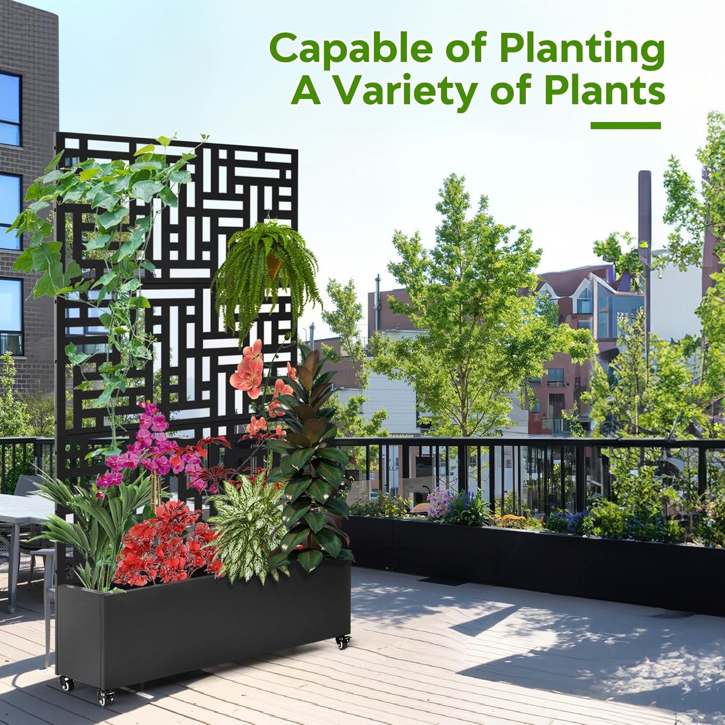 Metal Planter Box with Trellis,71”Raised Garden Bed with Trellis Privacy Screen and Drainage.Wheeled for Patio Flexibility,Perfect for Climbing Veggies/Flowers.DIY-Friendly Design