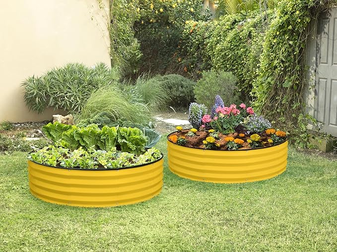 Round Galvanized Raised Garden Bed // 4×4×1 ft (2-Pack) Galvanized Raised Garden Beds Outdoor for Gardening, Vegetables, Flowers // Patented Tool-Free Design Round Planter (Yellow)
