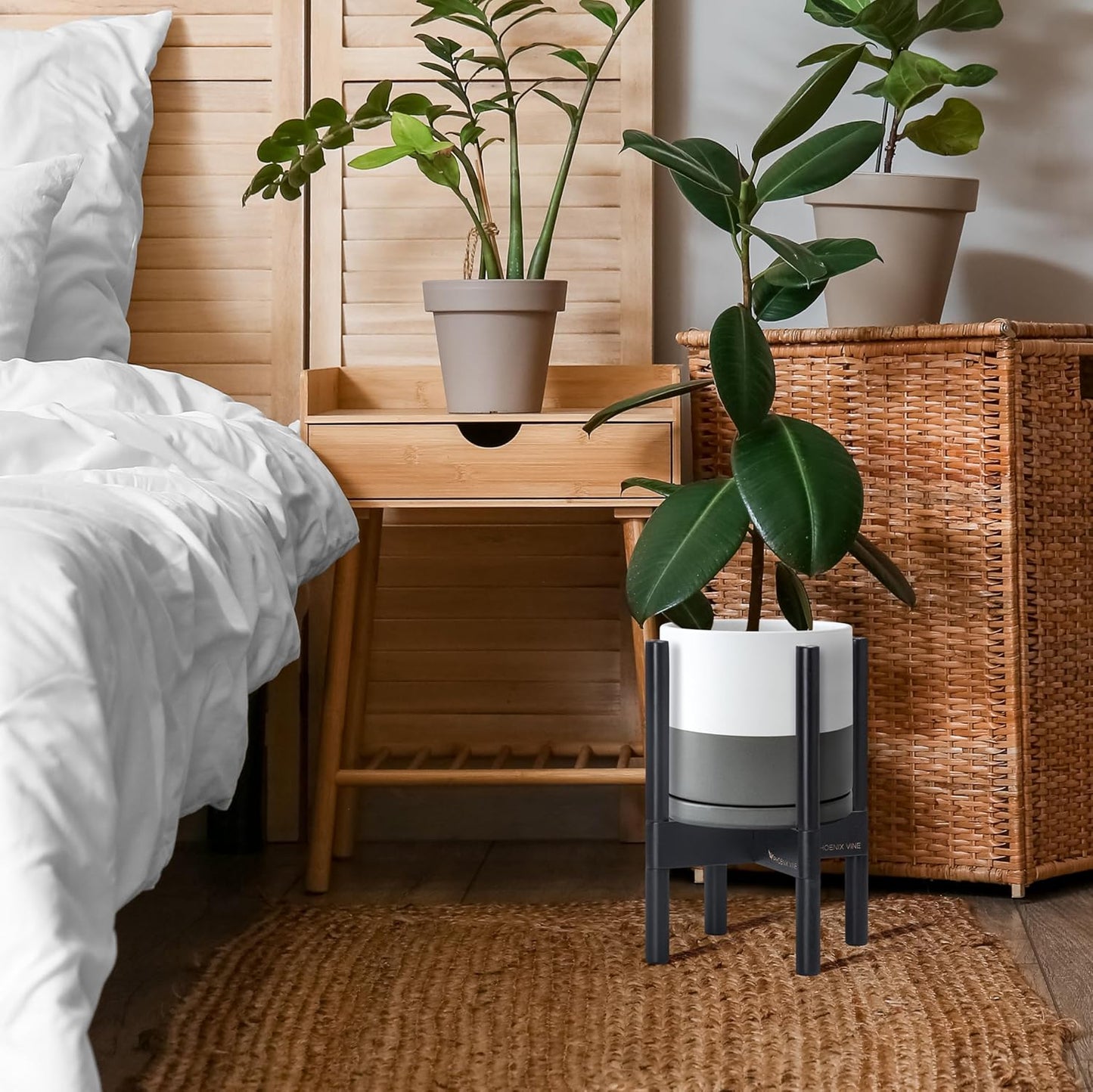 D'vine Dev Ceramic Planter with Ebony Stand - 8 Inch Modern Round Flower Pot with Wood Planter Holder, White/Grey, 55-B-M-6