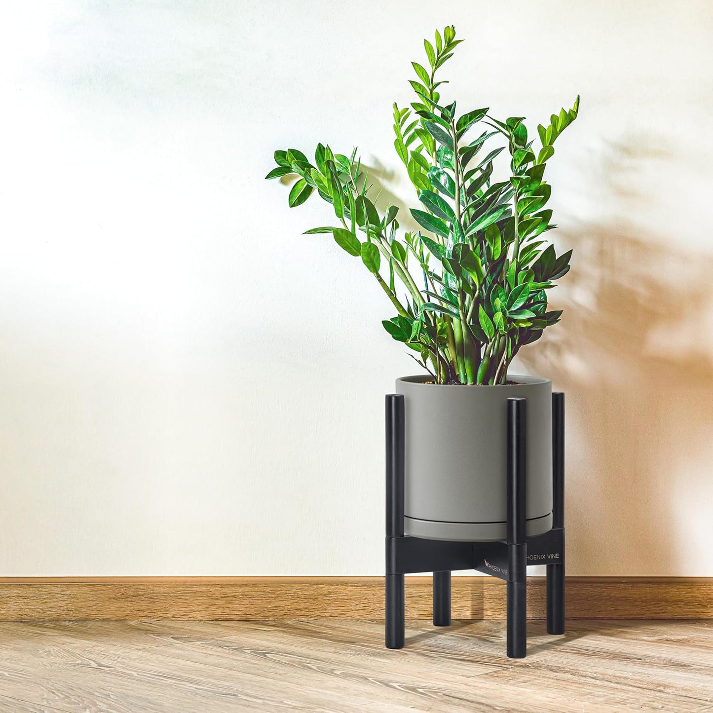 D'vine Dev Ceramic Planter with Ebony Stand - 8 Inch Modern Round Flower Pot with Wood Planter Holder, Grey, 55-B-M-3