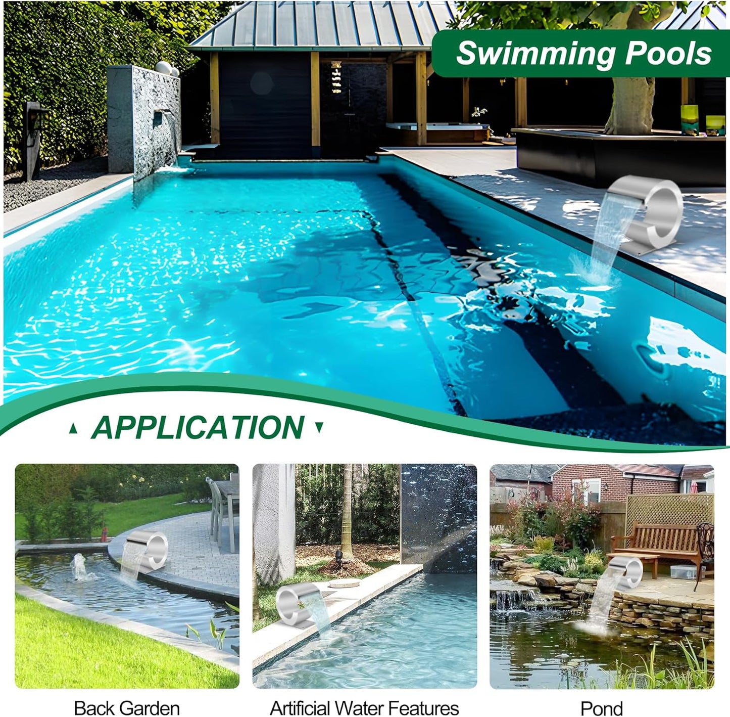 Pool Waterfall Fountain Stainless Steel Fountain 15.16'' x 15.16'' x 11.42'' Silver Pool Fountains for Ground Pools Garden Outdoor Waterfalls Sheer Descent Pond Water Feature