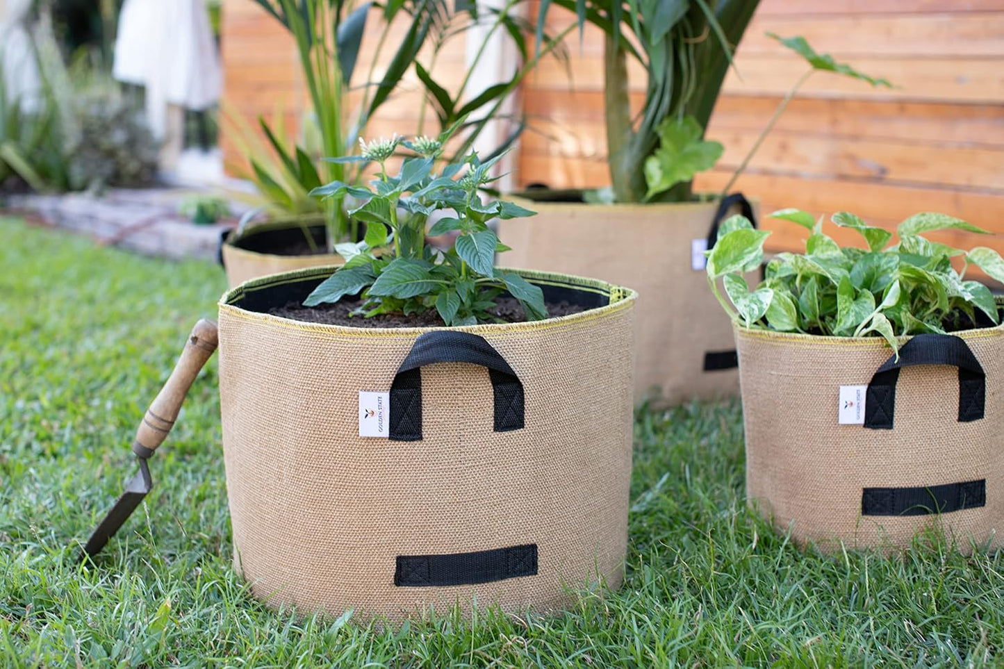 Grow Bags: 5-Pack (Size: 20 Gallon): Thick Jute Material + Inside Felt Fabric Liner, w/Yellow Stitch. Very Biodegradable and eco-Friendly Material. (Handles + Dumping Handles-pat.Pend).