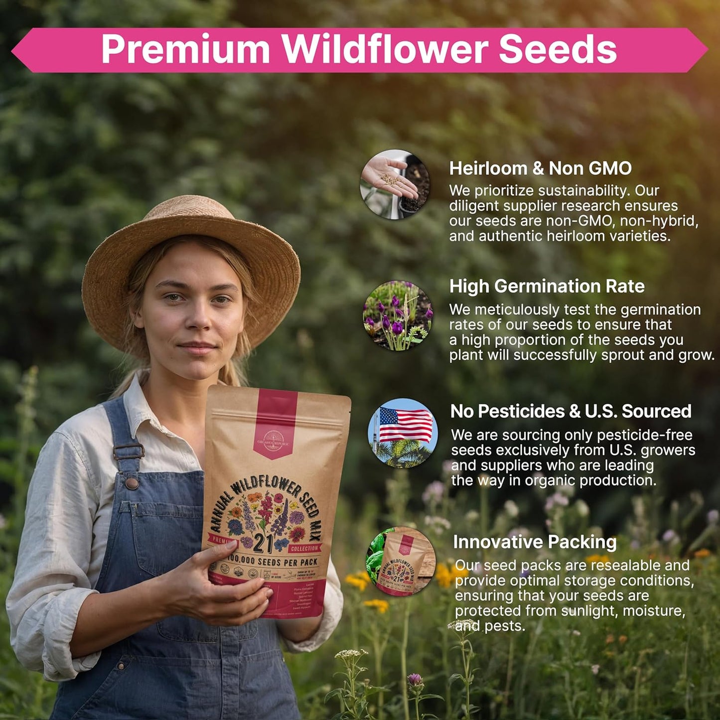 Organo Republic 21 Annual Wildflower Seeds Mix for Indoor & Outdoors. 100,000+ Non-GMO, Heirloom Wildflower Garden Seeds, 4oz Packet for Growing Wild Flowers to Attract Bees, Butterflies & Birds
