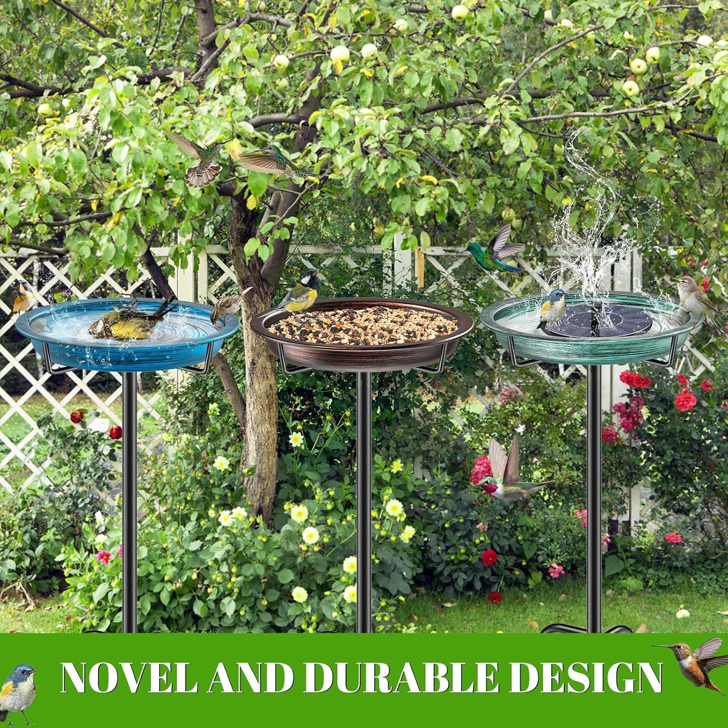 Bird Baths for Outdoors, Detachable Birdbaths for The Garden Clearance, Heavy Duty Freestanding Bird Baths, Bird Bath Bowl Spa & Birdfeeder with Metal Stake Stand (Retro Green)