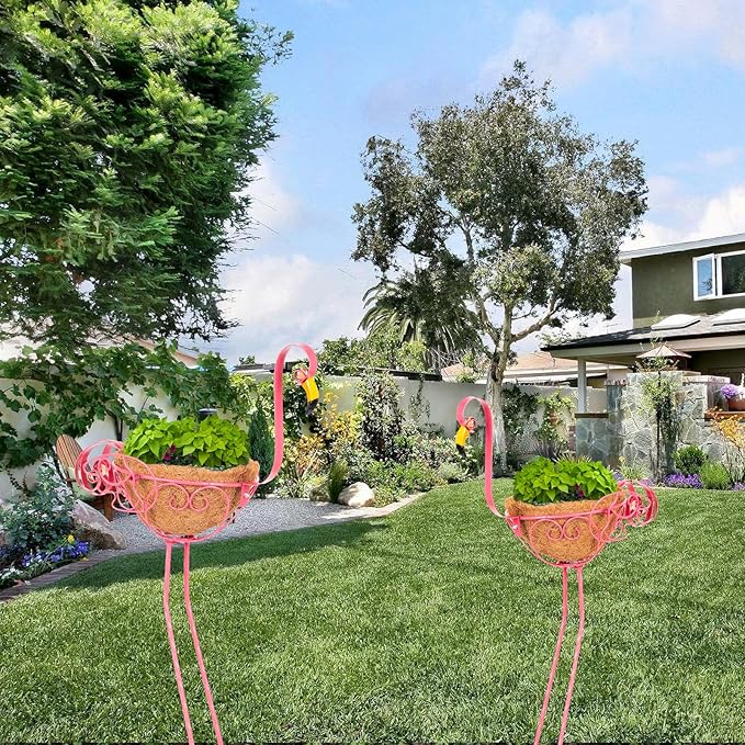 Set of 2 Pink Metal Flamingo Planters with Basket for Indoor Outdoor Garden Yard Decor