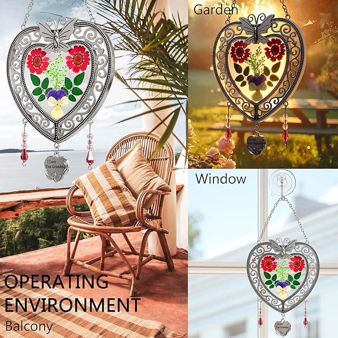KY&BOSAM Tree of Life Heart Suncatcher I Love You Grandma Butterfly Hangings for Windows Suncatcher with Pressed Real Flower Heart and Charm Birthday Gifts for Women Mothers Day Christmas Ornament