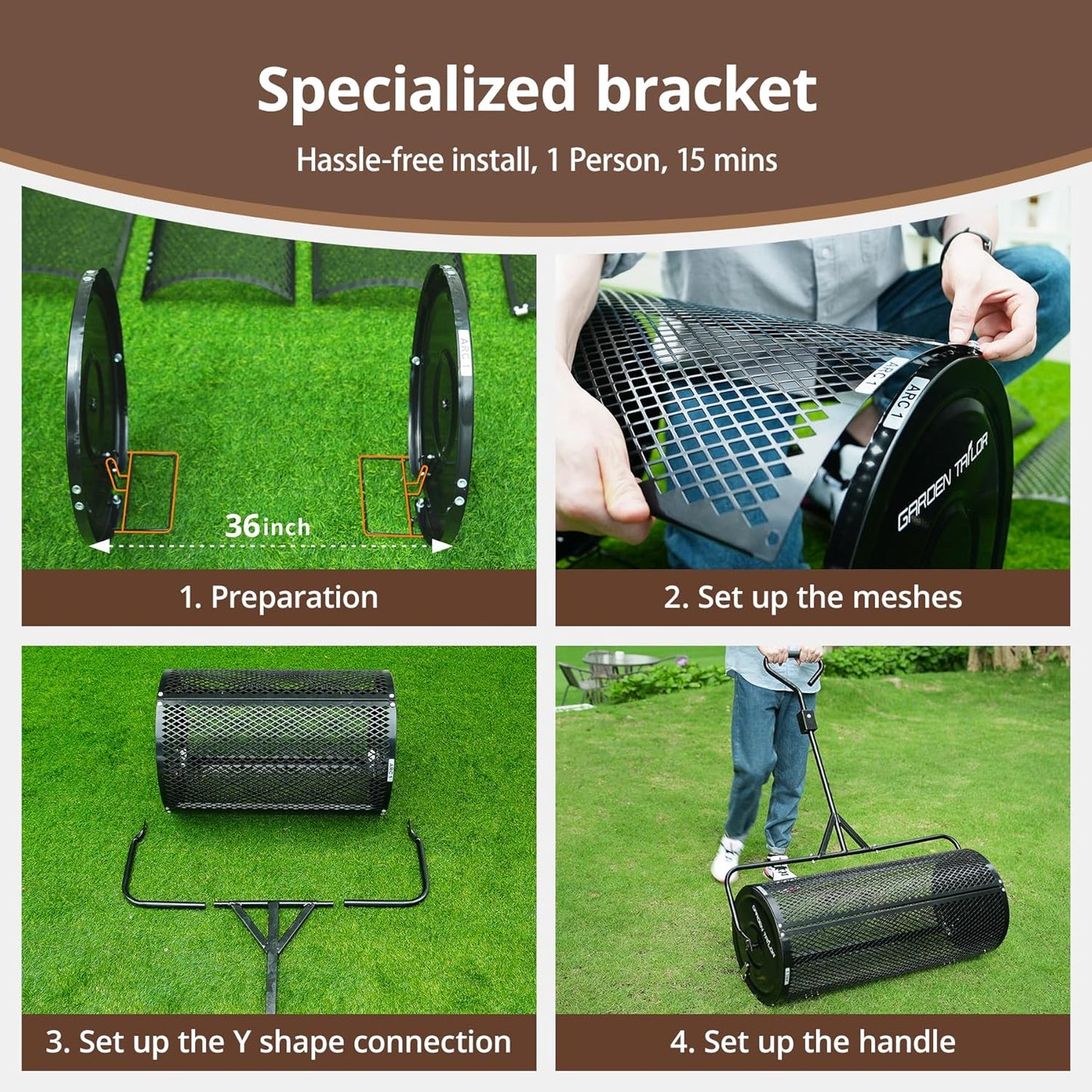Compost Spreader 36 Inch Towable Peat Moss Spreader with Installation Support Accessories, Metal Mesh Roller Lawn Spreader for Top Soil, Manure, Mulch, Top Dressing - Garden spreaders for lawns