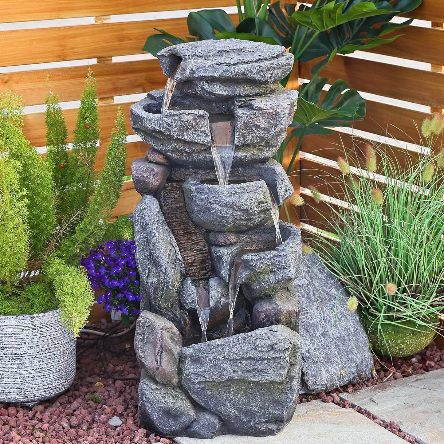 Water Features Outdoor Patio 6-Tier Cascading Rock Water Fountain 31.5''Water Fall Fountain Outside Resin Fountain with Light Mossy Rock Floor Garden Fountain Indoor for Relaxation Home Decor