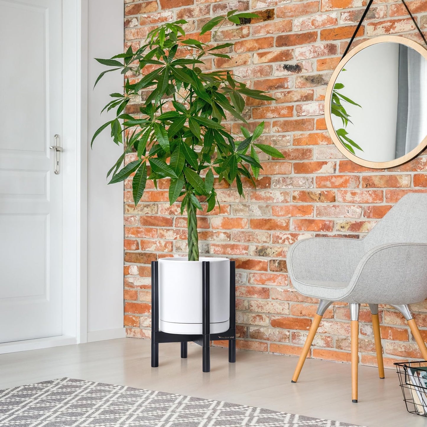 D'vine Dev Ceramic Planter with Ebony Stand - 12 Inch Modern Round Flower Pot with Wood Planter Holder, White, 55-B-H-1