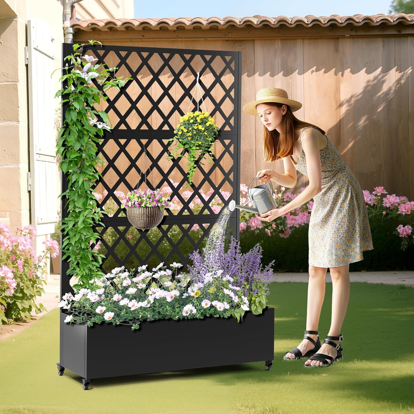 Metal Planter Box with Trellis, Heavy-Duty Raised Garden Bed for Climbing Plants, Drainage Hole, Outdoor Planter Box with Privacy ScreenïŒ47''LĂ16''WĂ71''H