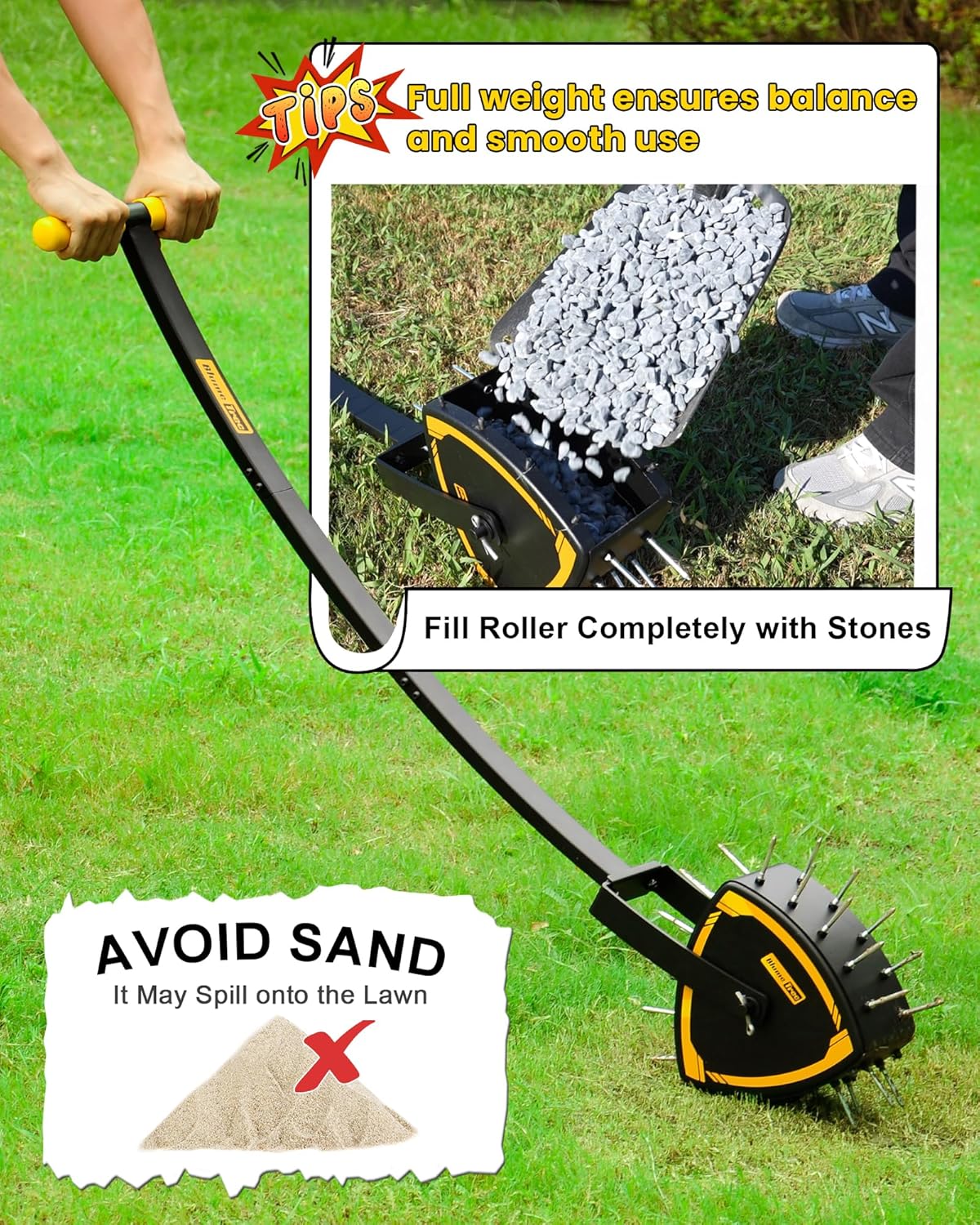 Patented Rolling Lawn Aerator, Heavy Duty Manual Push Tool with 30 Spikes for Soil Loosening, Spike Aeration Roller with Reuleaux Triangle Design for Garden Care, Revives Lawn Health, Save Labour