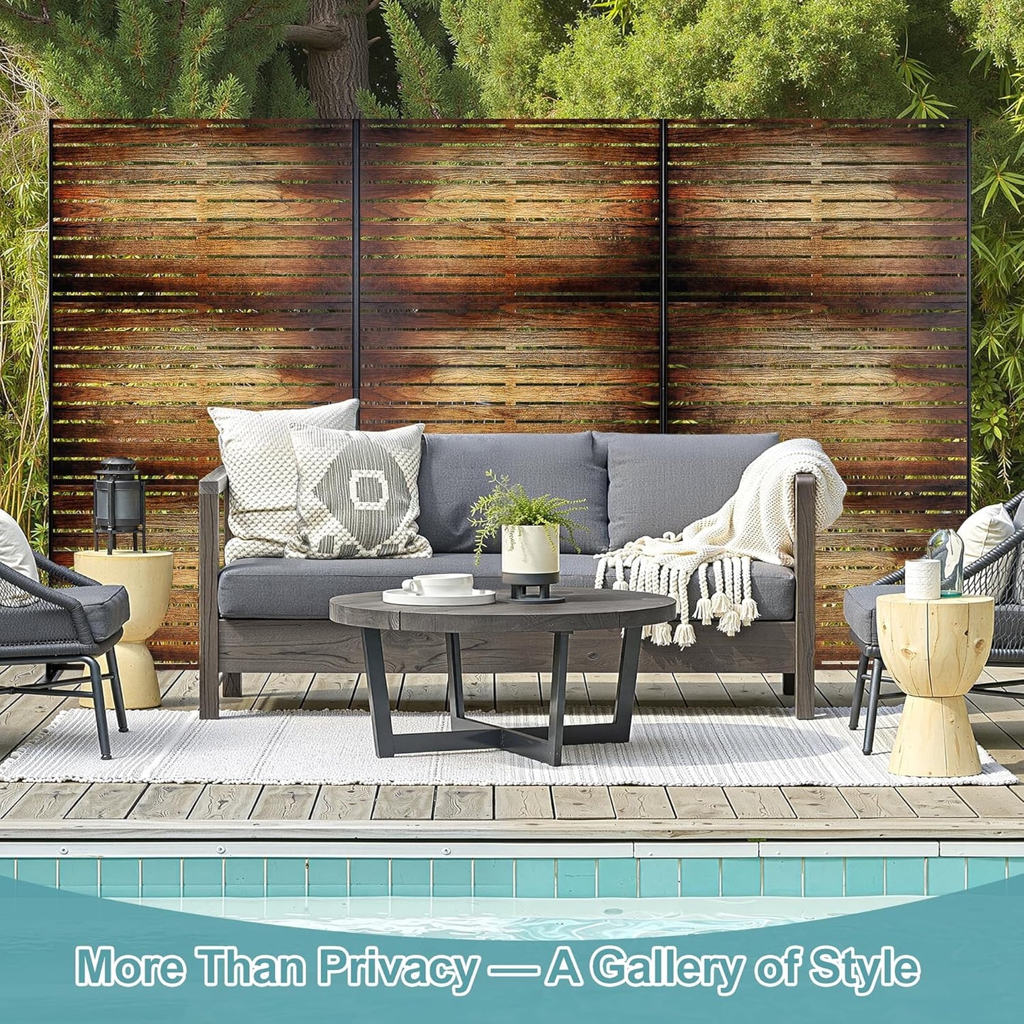 Metal Privacy Screen Outdoor Freestanding Privacy Wall Panels and Decorative Patio Dividers,Crafted from Steel with Sun-Proof Design,Ideal for Patio,Garden,72" H×47" L(Wooden&Vintage-3 Panels