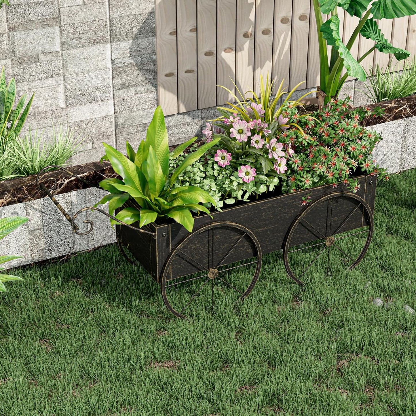 Small Raised Garden Bed Outdoor with Wagon Wheels, Metal Wagon Planter Box, Decorative Garden Planter for Flowers Herbs Vegetables, Flower Cart for Patio, Balcony (Retro Gold)