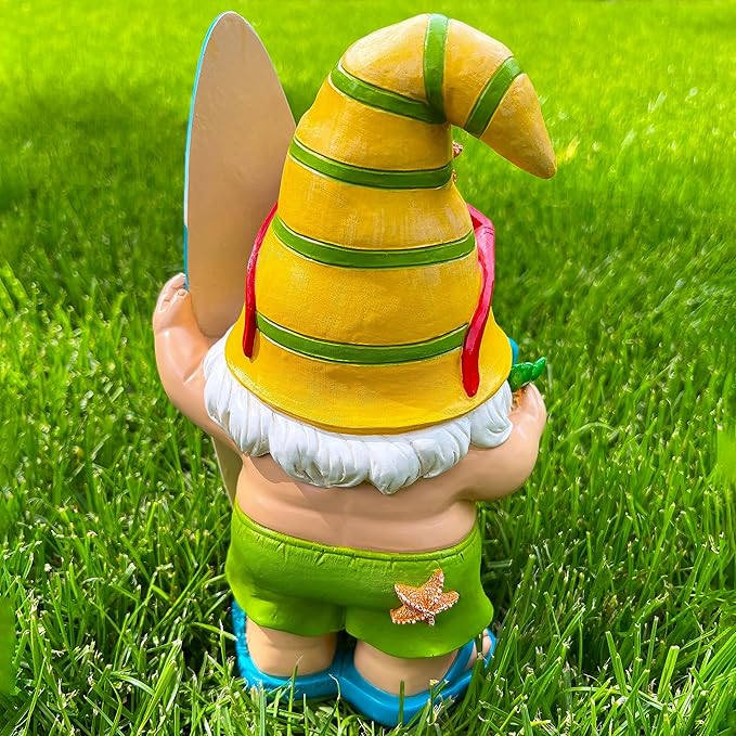 Mood Lab Garden Gnome - Surfer Gnome Figurine - 9.1 Inch Tall Funny Lawn Statue - for Outdoor & House Decor