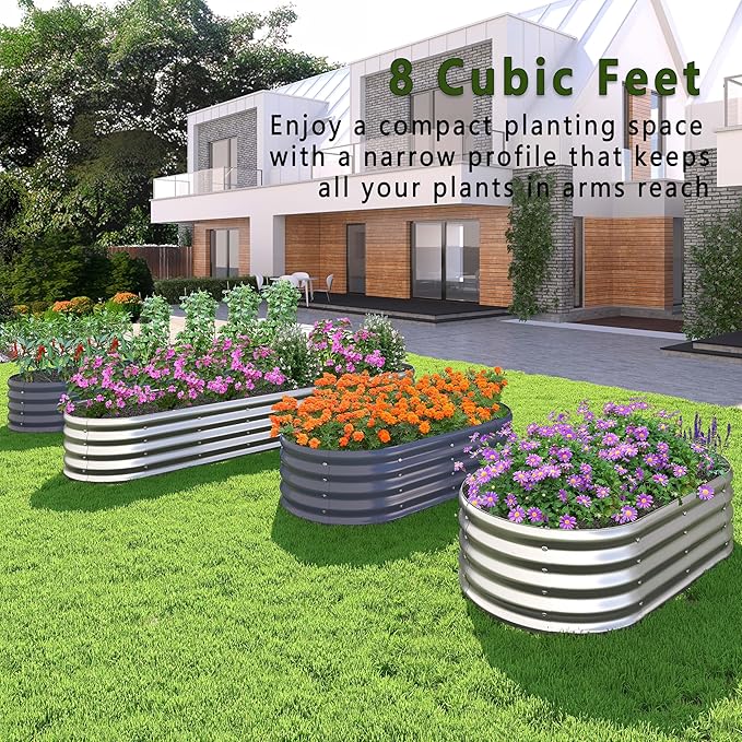 KFN 2PCS 8x1.8x1FT Galvanized Raised Garden Bed,Raised Garden Bed Kit-Oval Metal Vegetable Box,Large Planter Flower Boxes Outdoor,Planting for Vegetables,Flower,Herb,Sliver,0.7mm