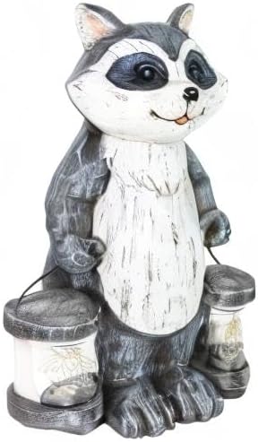 Exhart Garden Sculpture, Raccoon Solar Garden Statue with 2 Jars, 16 LED Firefly Lights, Outdoor Garden Decoration, 7.5 x 9 x 10.5 Inch