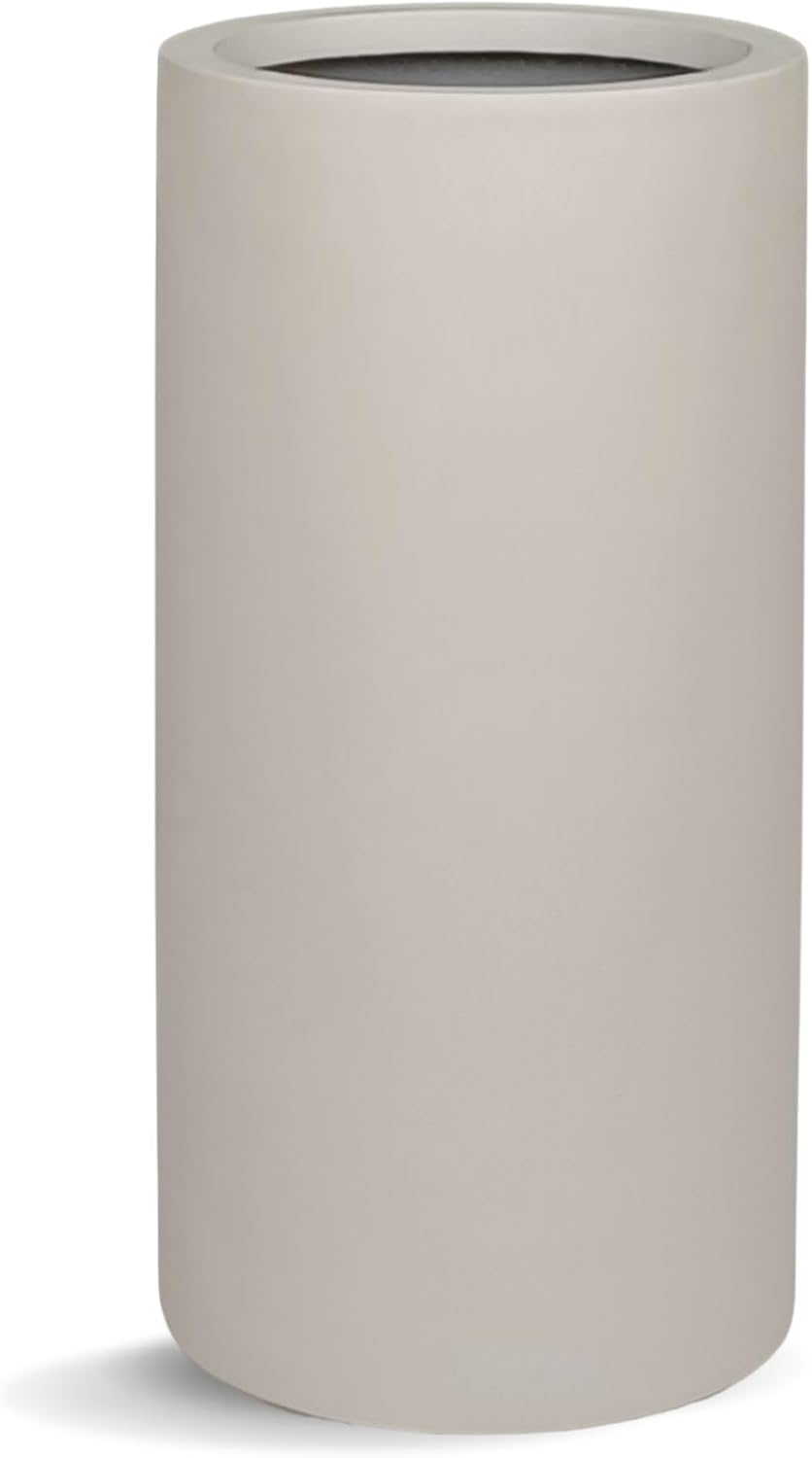 19.5"H x 9.8"D Tubo Fiberstone Cylinder Tall Planter with Drainage Hole, Smooth Finishes, Weather Resistant for Indoor and Outdoor Use, Included 2 Extra Coco Mats (Taupe, 8.2" Pot Opening)