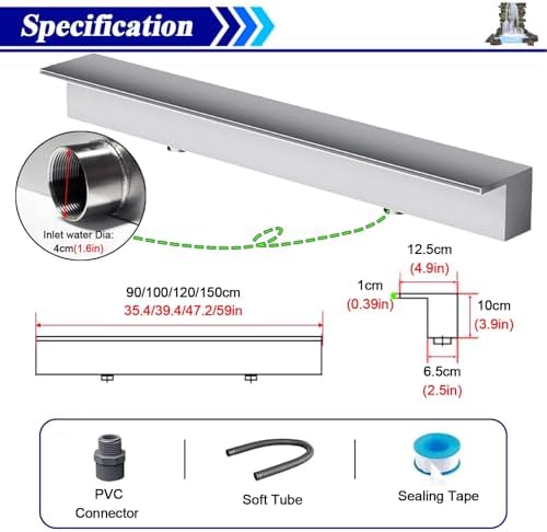 Waterfall Spillway 72 Inch - Garden Fountain Waterfall Embedded Mounting, Heavy Duty Stainless Steel Spray Water Accessories for Pond and Patio